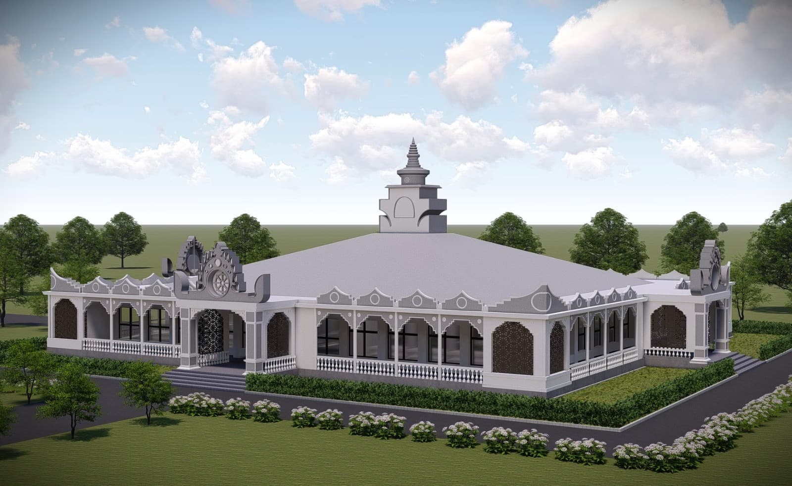 Conceptual view of future monastery buildings among trees.