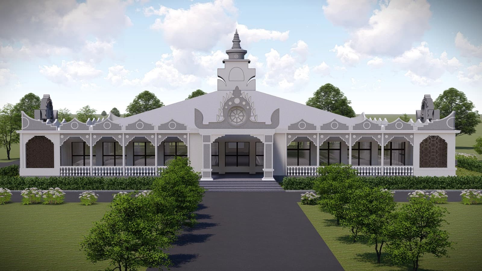 Wide conceptual view of monastery structures and open ground.