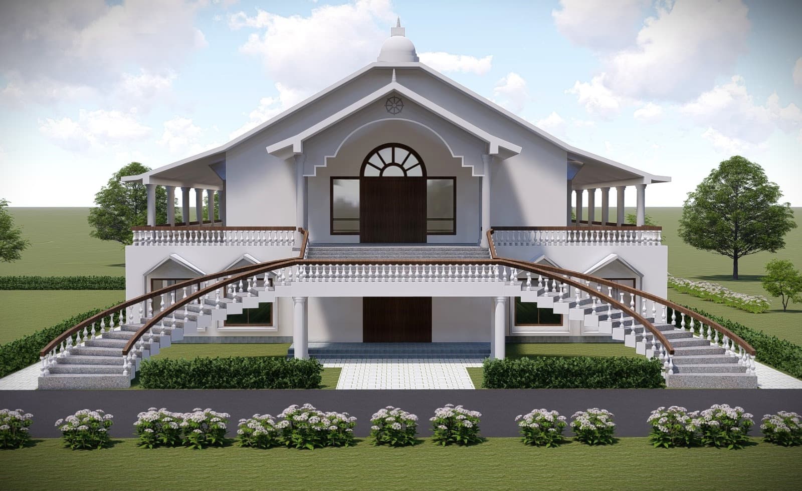 Conceptual evening or dusk view of monastery buildings.